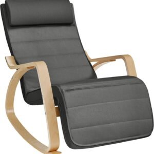 SONGMICS Schaukelstuhl, mit Armlehnen aus Birkenholz, Schaukelsessel, 5-fach verstellbare Fußstütze, bis 150 kg belastbar, für Schlafzimmer, Wohnzimmer